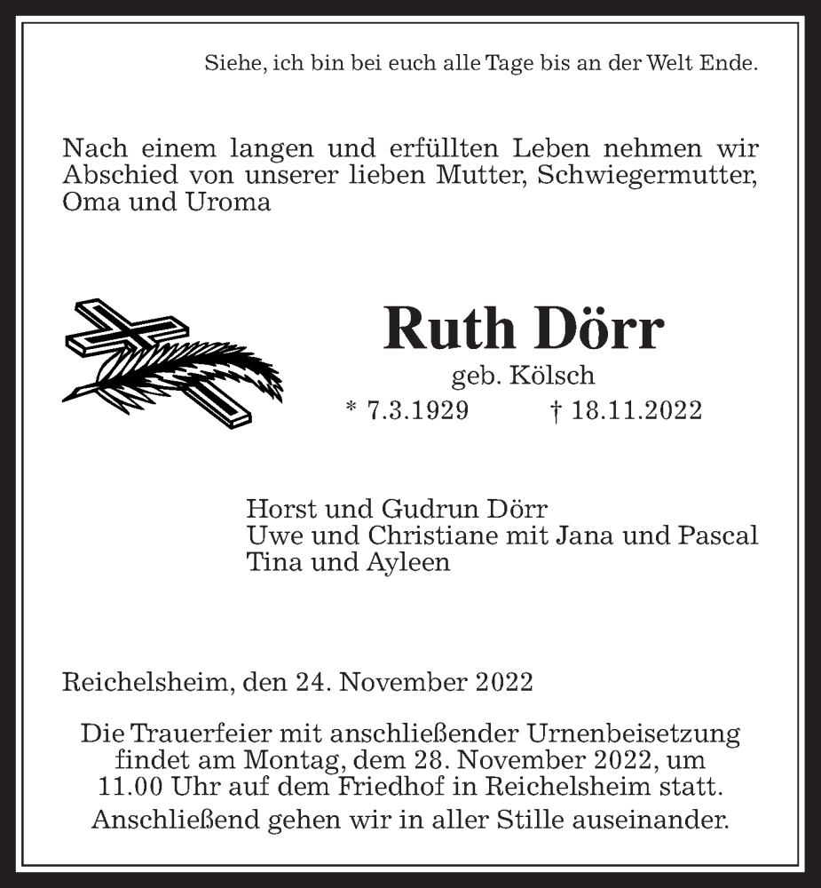  Traueranzeige für Ruth Dörr vom 24.11.2022 aus Wetterauer Zeitung