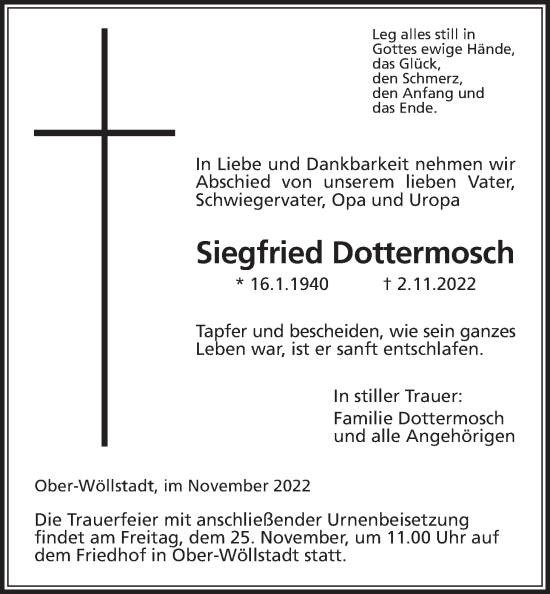 Traueranzeige von Siegfried Dottermosch von Wetterauer Zeitung