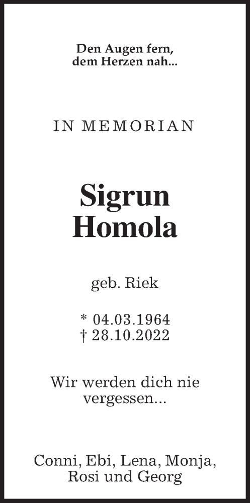 Traueranzeige von Sigrun Homola von Wetterauer Zeitung