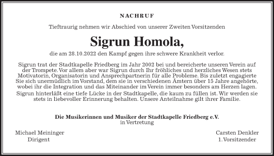 Traueranzeige von Sigrun Homola von Wetterauer Zeitung