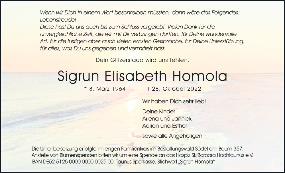 Traueranzeige für Sigrun Elisabeth Homola vom 19.11.2022 aus Wetterauer Zeitung