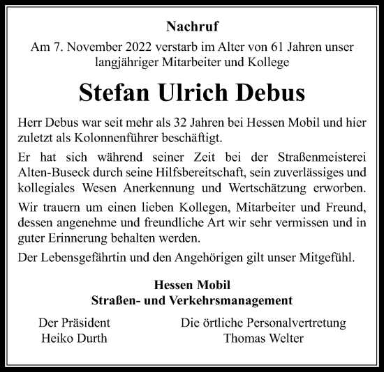 Traueranzeige von Stefan Ulrich Debus von Giessener Allgemeine, Alsfelder Allgemeine