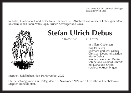 Traueranzeige von Stefan Ulrich Debus von Giessener Allgemeine, Alsfelder Allgemeine, Giessener Anzeiger
