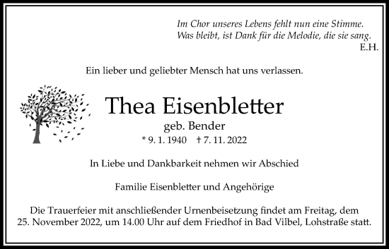 Traueranzeige von Thea Eisenbletter von Bad Vilbel/Karben
