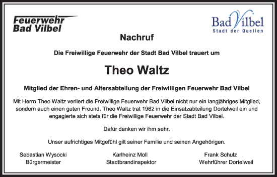Traueranzeige von Theo Waltz von Bad Vilbel/Karben