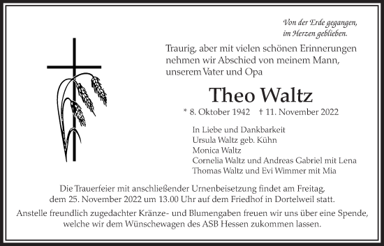 Traueranzeige von Theo Waltz von Bad Vilbel/Karben