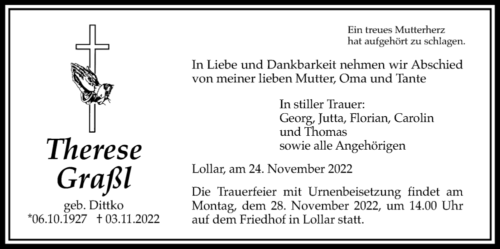  Traueranzeige für Therese Graßl vom 24.11.2022 aus Giessener Allgemeine, Alsfelder Allgemeine