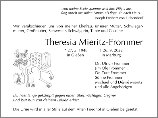 Traueranzeige von Theresia Mieritz-Frommer von Giessener Anzeiger, Giessener Allgemeine, Alsfelder Allgemeine