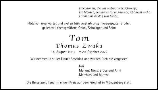 Traueranzeige von Thomas Zwaka von Licher Wochenblatt