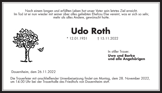 Traueranzeige von Udo Roth von Kreis-Anzeiger