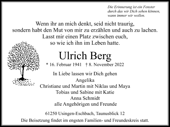 Traueranzeige von Ulrich Berg von Usinger Anzeiger