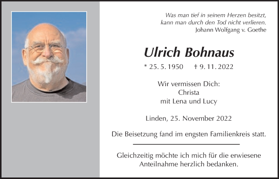 Traueranzeige von Ulrich Bohnaus von Giessener Anzeiger, Giessener Allgemeine, Alsfelder Allgemeine