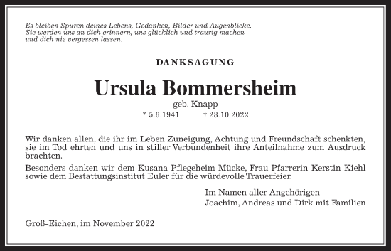 Traueranzeige von Ursula Bommersheim von Alsfelder Allgemeine