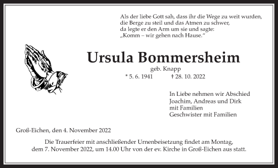 Traueranzeige von Ursula Bommersheim von Alsfelder Allgemeine