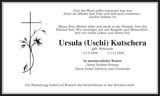 Traueranzeige von Ursula Maria Kutschera von Wetterauer Zeitung
