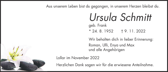 Traueranzeige von Ursula Schmitt von Giessener Allgemeine, Alsfelder Allgemeine