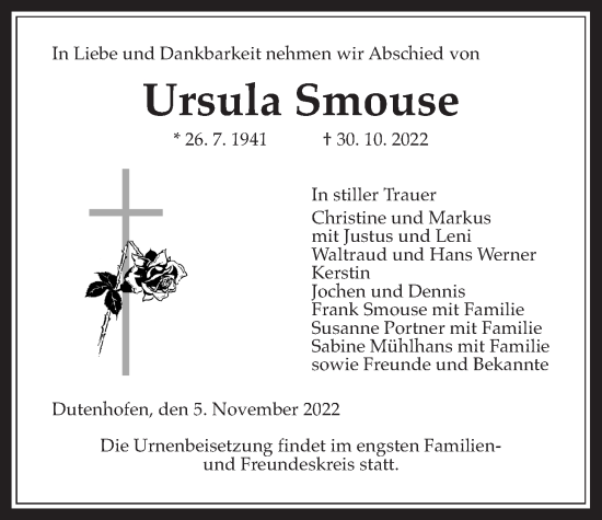 Traueranzeige von Ursula Smouse von Giessener Allgemeine, Alsfelder Allgemeine