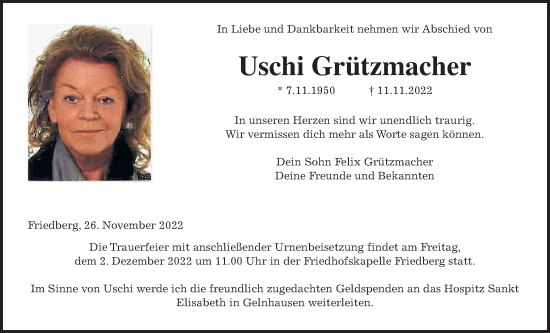 Traueranzeige von Uschi Grützmacher von Wetterauer Zeitung