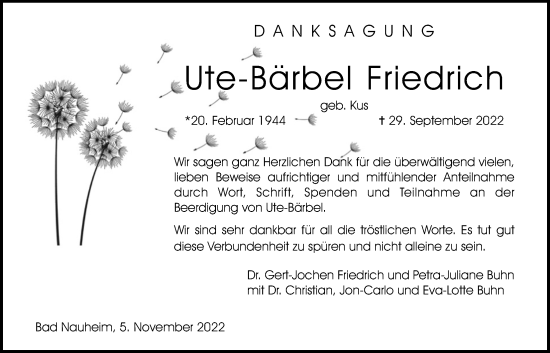 Traueranzeige von Ute-Bärbel Friedrich von Wetterauer Zeitung