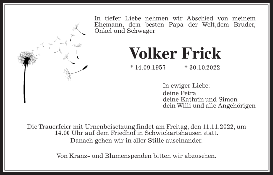 Traueranzeige von Volker Frick von Kreis-Anzeiger