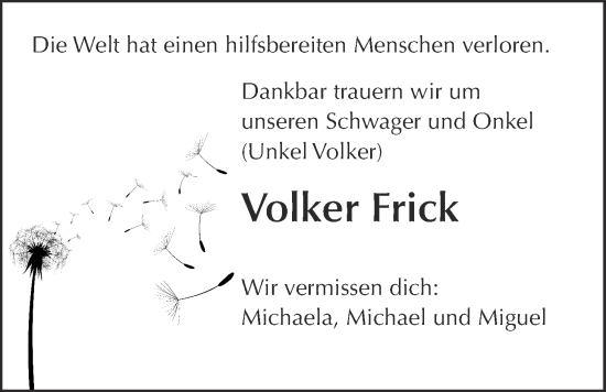 Traueranzeige von Volker Frick von Kreis-Anzeiger