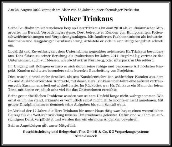 Traueranzeige von Volker Trinkaus von Giessener Allgemeine, Alsfelder Allgemeine, Giessener Anzeiger