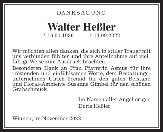Traueranzeige von Walter Heßler von Giessener Anzeiger, Giessener Allgemeine, Alsfelder Allgemeine, Allendorfer Mitteilungen