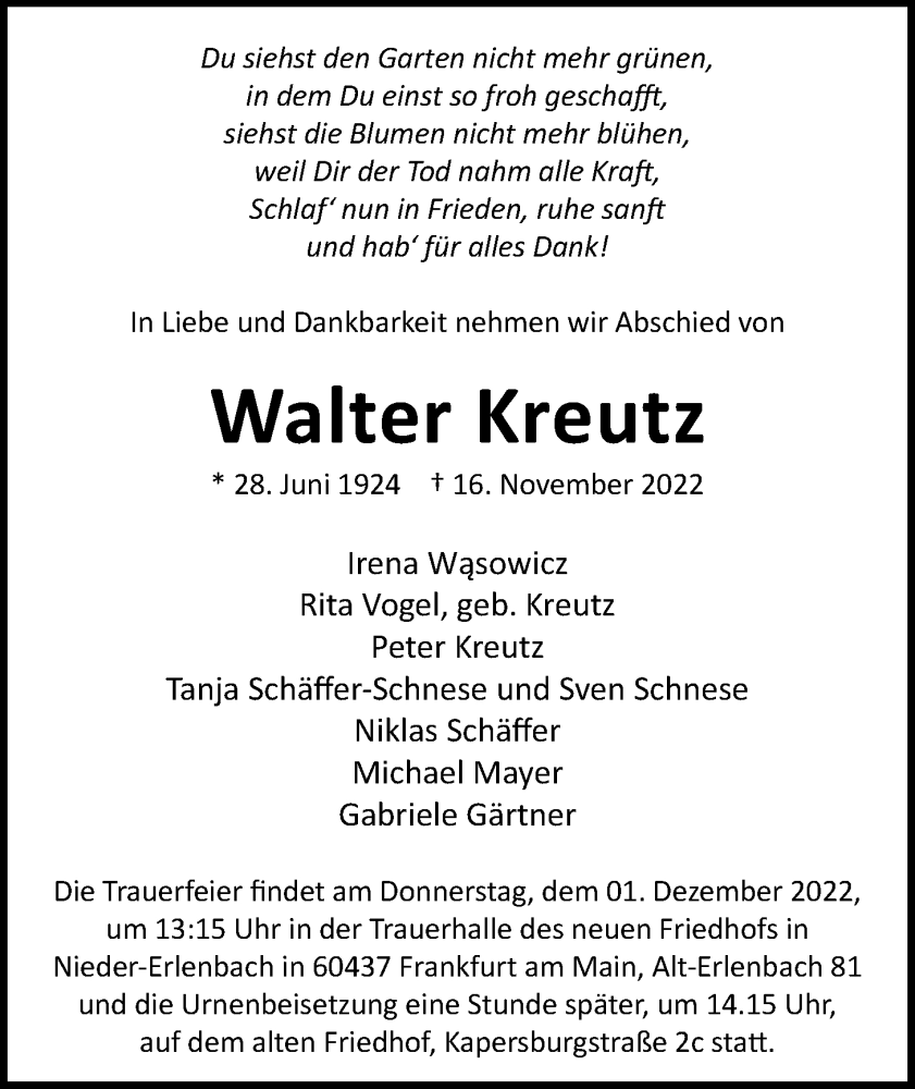  Traueranzeige für Walter Kreutz vom 24.11.2022 aus Bad Vilbel/Karben