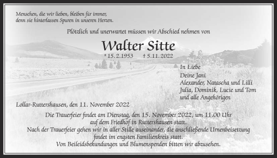 Traueranzeige von Walter Sitte von Giessener Allgemeine, Alsfelder Allgemeine, Giessener Anzeiger