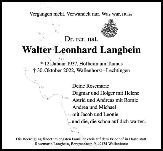 Traueranzeige von Walter Leonhard Langbein 