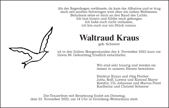 Traueranzeige von Waltraud Kraus von Giessener Anzeiger