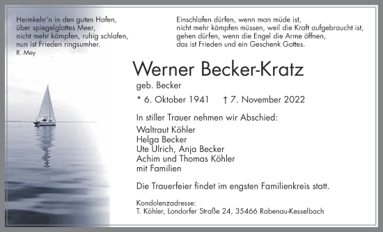 Traueranzeige von Werner Becker-Kratz von Giessener Allgemeine, Alsfelder Allgemeine
