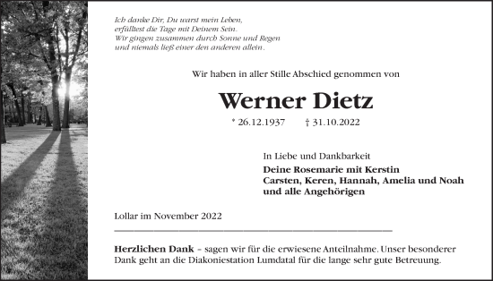 Traueranzeige von Werner Dietz von Giessener Anzeiger, Giessener Allgemeine, Alsfelder Allgemeine