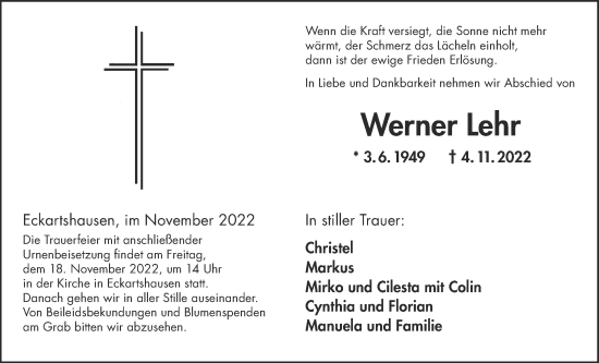 Traueranzeige von Werner Lehr von Kreis-Anzeiger