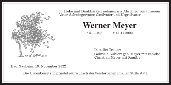 Traueranzeige von Werner Meyer von Wetterauer Zeitung