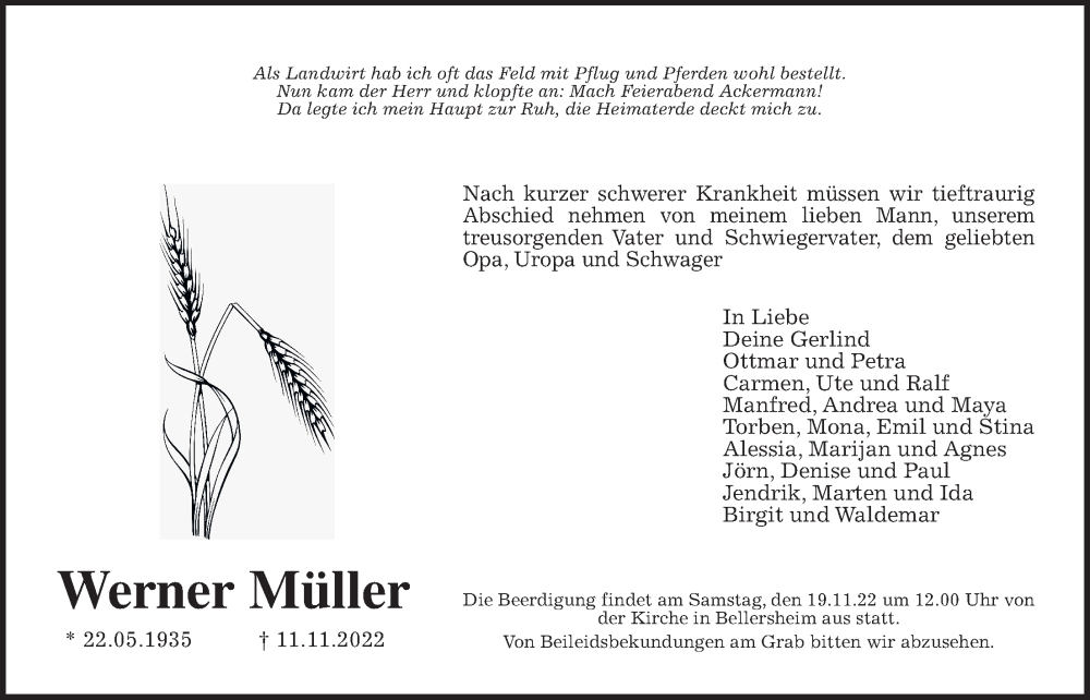  Traueranzeige für Werner Müller vom 16.11.2022 aus Giessener Allgemeine, Alsfelder Allgemeine