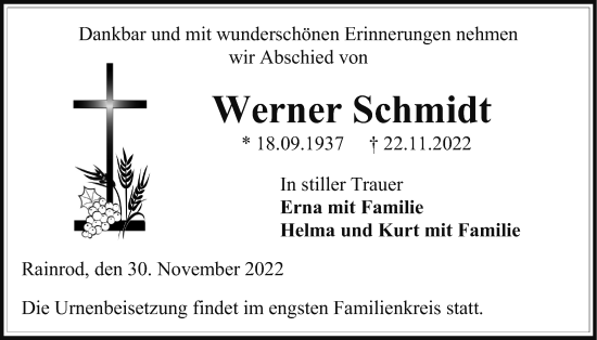 Traueranzeige von Werner Schmidt von Kreis-Anzeiger