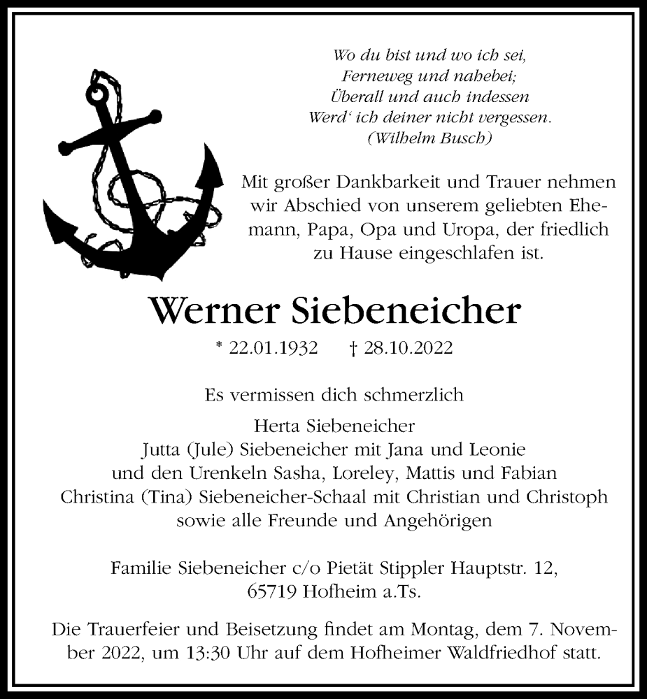  Traueranzeige für Werner Siebeneicher vom 04.11.2022 aus 