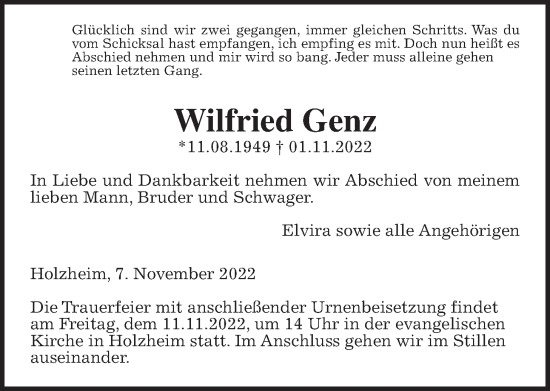 Traueranzeige von Wilfried Genz von Giessener Allgemeine, Alsfelder Allgemeine, Giessener Anzeiger