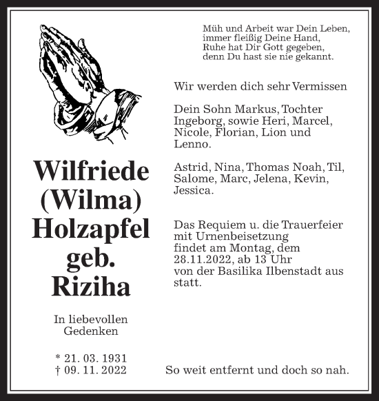 Traueranzeige von Wilfriede Holzapfel von Wetterauer Zeitung