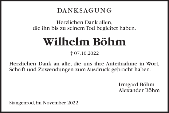 Traueranzeige von Wilhelm Böhm von Giessener Allgemeine, Alsfelder Allgemeine