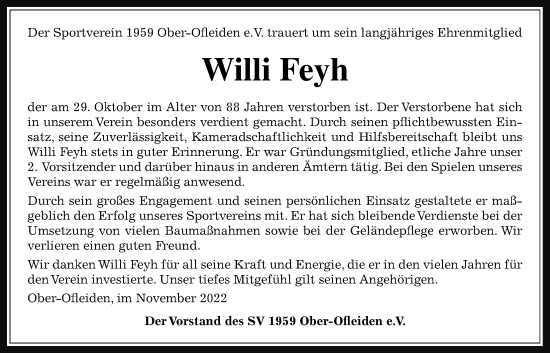 Traueranzeige von Willi Feyh von Alsfelder Allgemeine