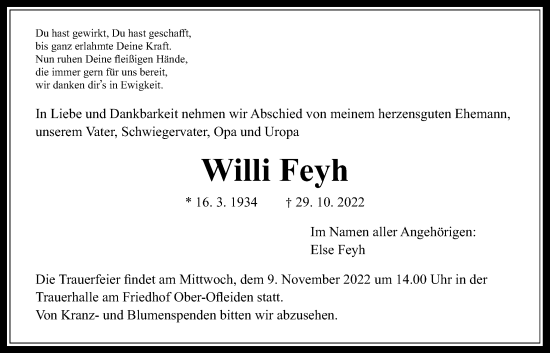 Traueranzeige von Willi Feyh von Alsfelder Allgemeine