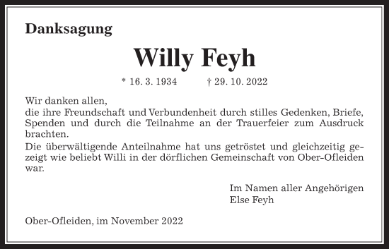 Traueranzeige von Willi Feyh von Alsfelder Allgemeine