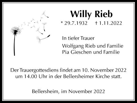 Traueranzeige von Willy Rieb von Licher Wochenblatt