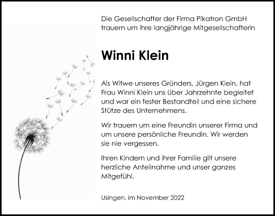 Traueranzeige von Winni Klein von Usinger Anzeiger