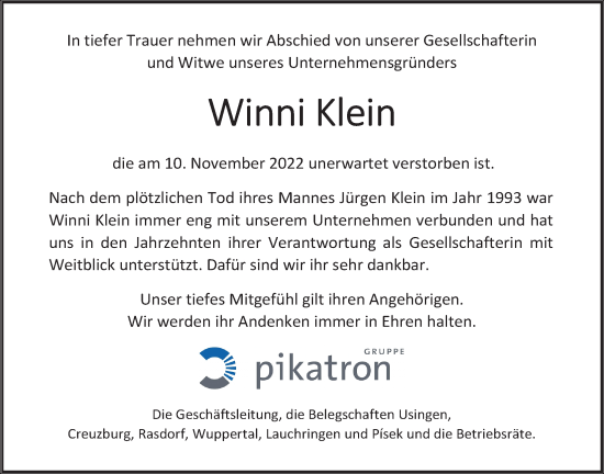 Traueranzeige von Winni Klein von Usinger Anzeiger