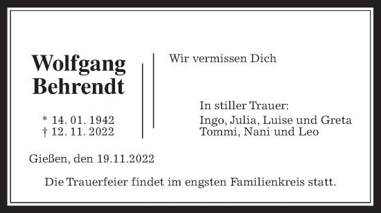Traueranzeige von Wolfgang Behrendt von Wetterauer Zeitung, Giessener Allgemeine, Alsfelder Allgemeine