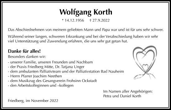Traueranzeige von Wolfgang Korth von Wetterauer Zeitung