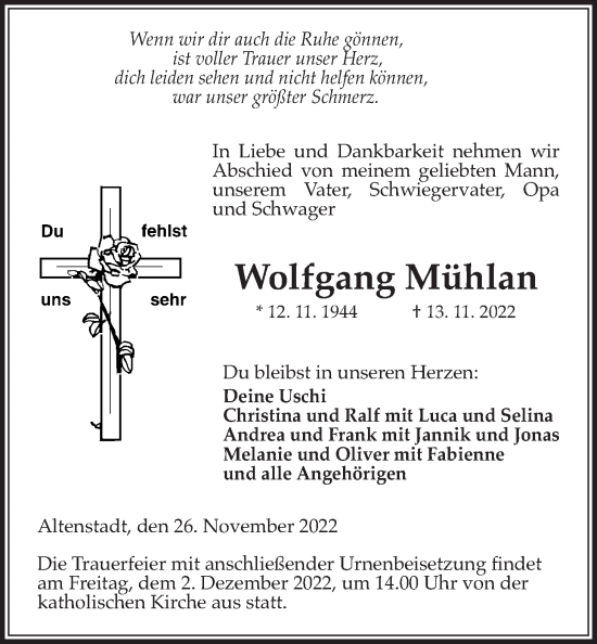 Traueranzeige von Wolfgang Mühlan von Kreis-Anzeiger